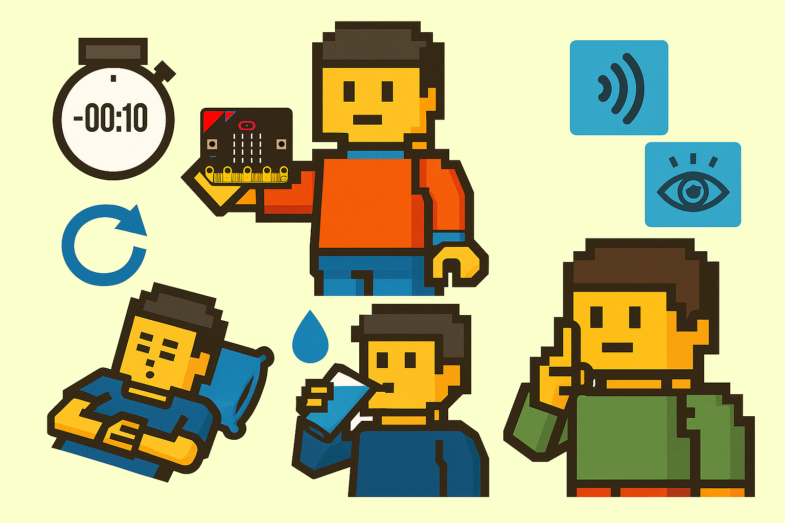 micro:bitを持つ人や、タイマー、睡眠、水分補給をするようすなどが描かれたドット調のイラスト