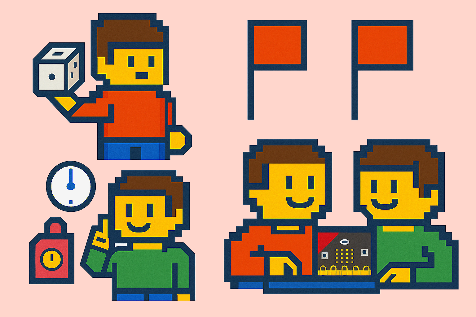 micro:bitを使ってゲームを楽しむようすや、サイコロなどが描かれたドット調のイラスト
