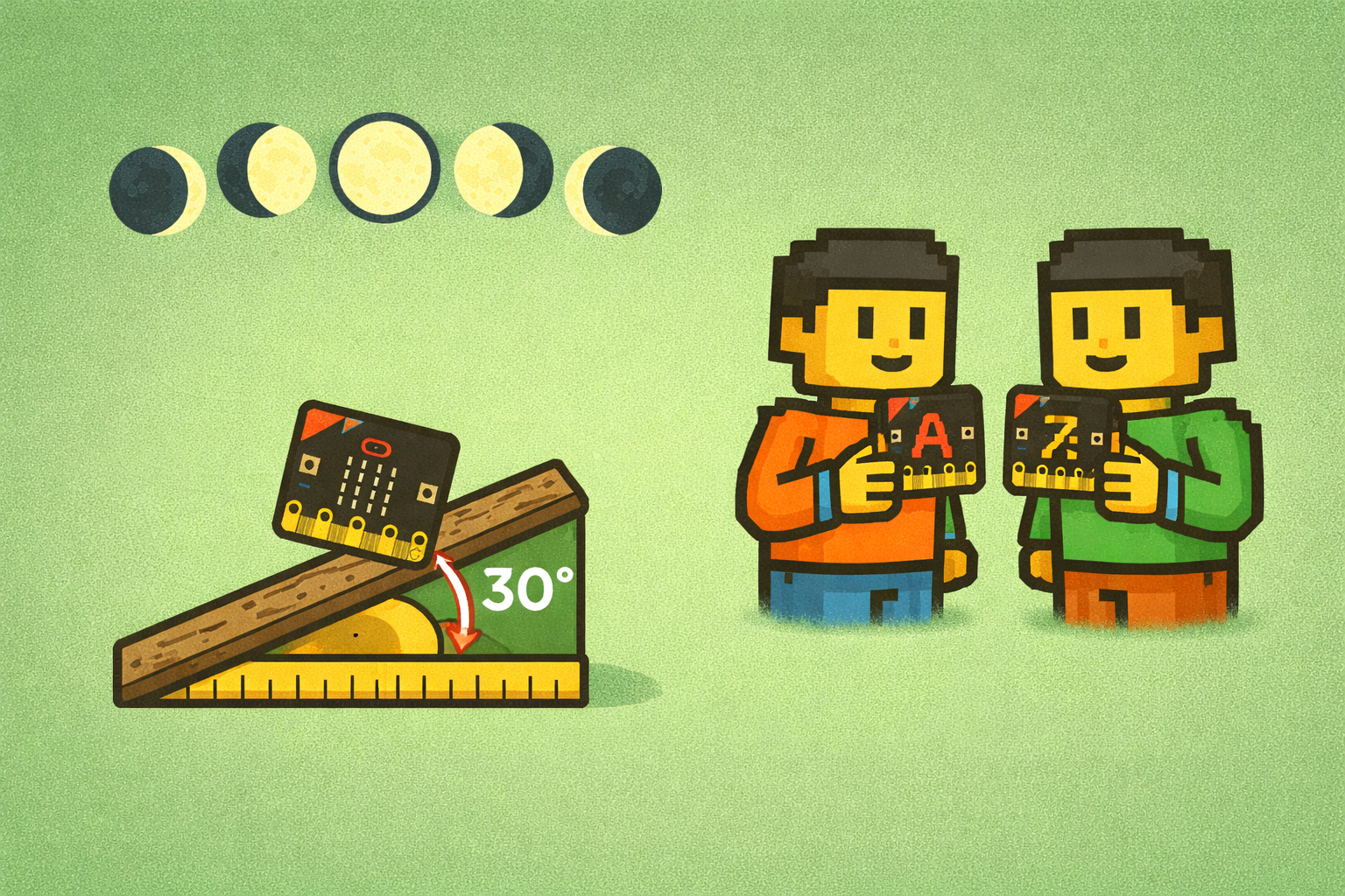 月の満ち欠けや角度センサー、micro:bitを持つ男の子たちが描かれたドット調のイラスト