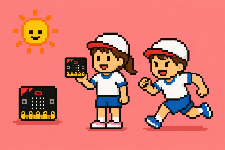 micro:bitを持って運動会で走っている男の子と女の子が描かれたドット調のイラスト