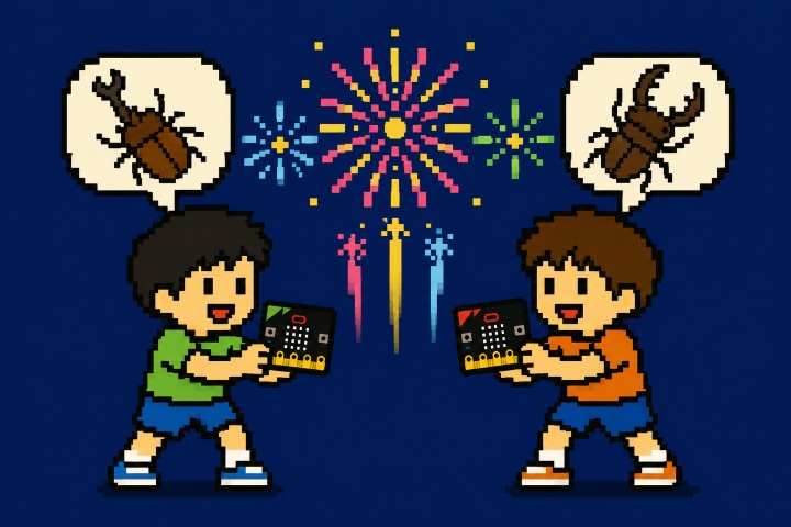 micro:bitを持って運動会で走っている男の子と女の子が描かれたドット調のイラスト