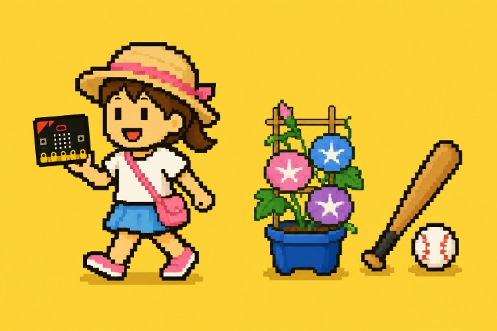 micro:bitを持っている女の子や、アサガオの鉢、野球のバットとボールが描かれたドット調のイラスト