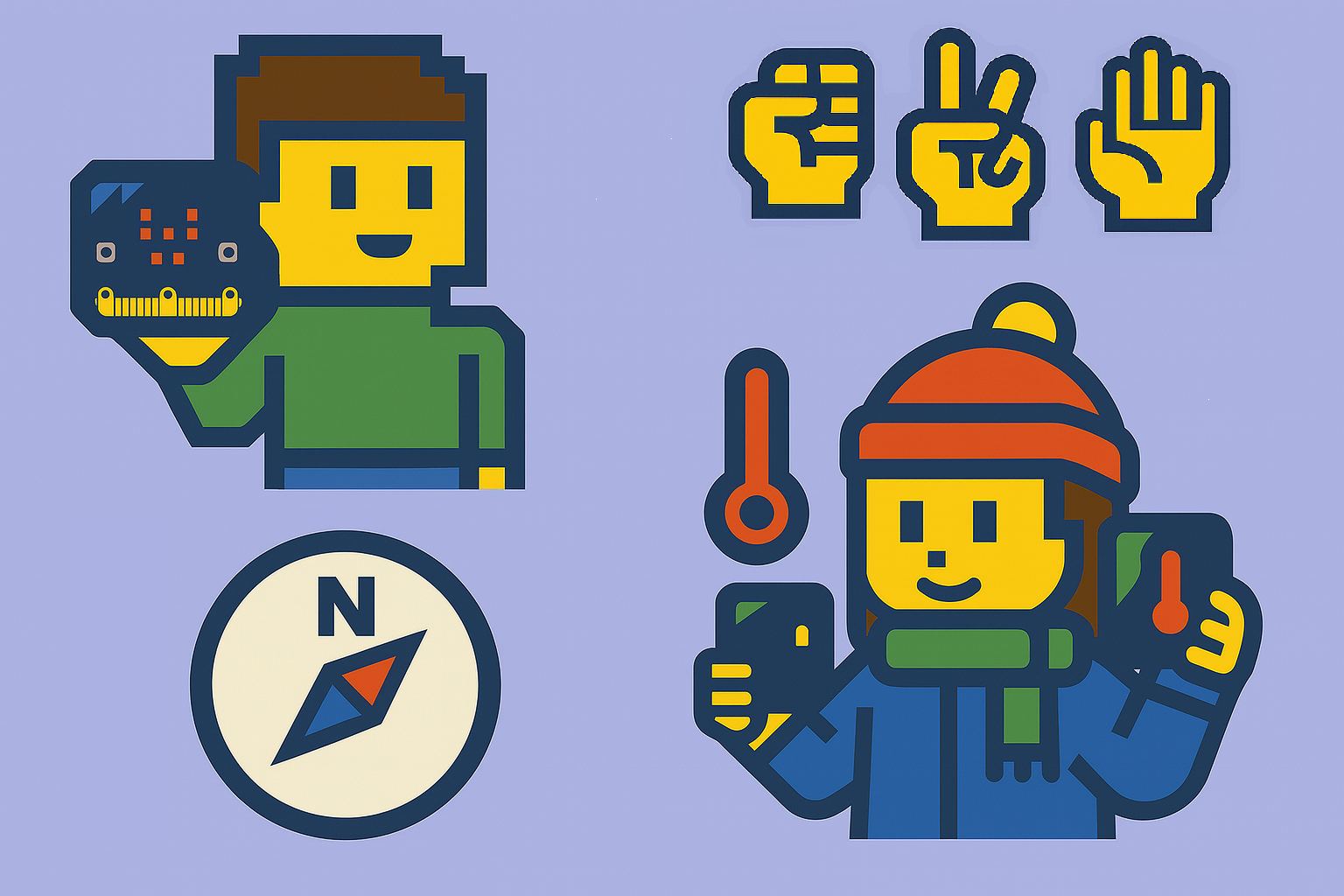 micro:bitの方位コンパスを持つ男の子や、気温センサーを持つ女の子が描かれたドット調のイラスト