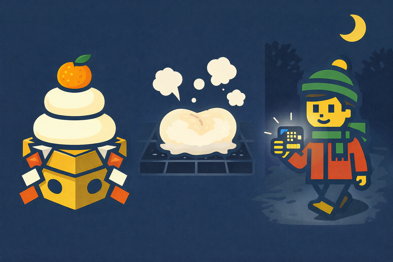 鏡餅や焼いたお餅、夜道でmicro:bitを持つ女の子が描かれたドット調のイラスト