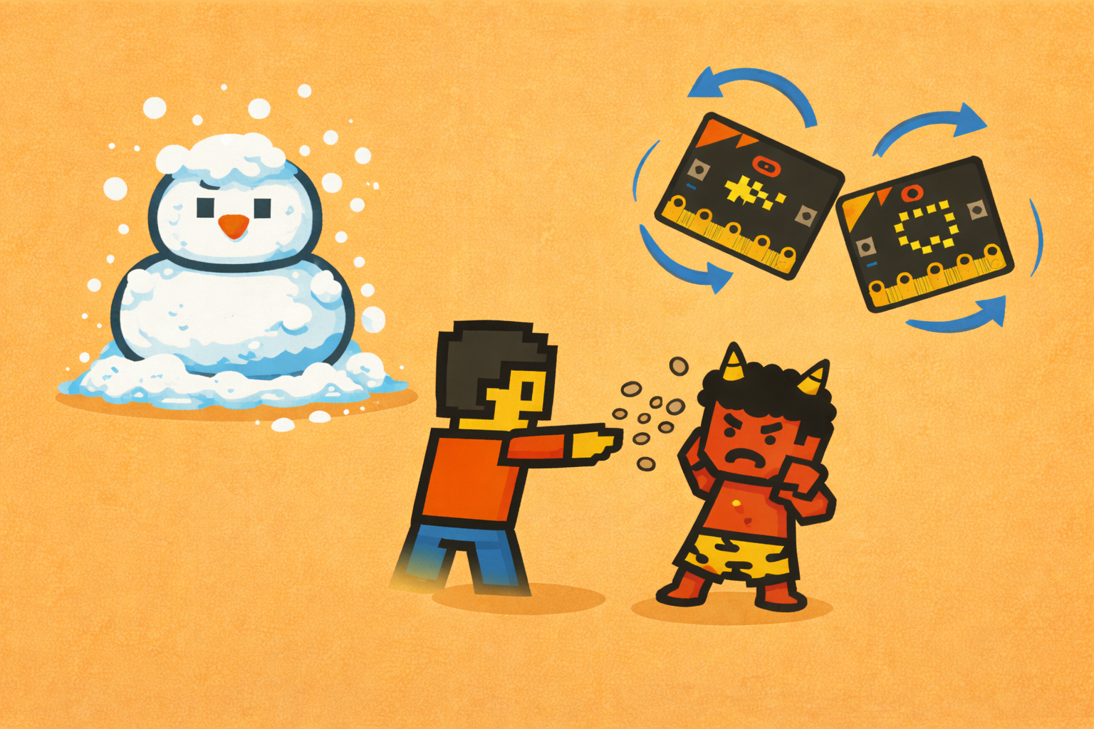 鏡餅や焼いたお餅、夜道でmicro:bitを持つ女の子が描かれたドット調のイラスト